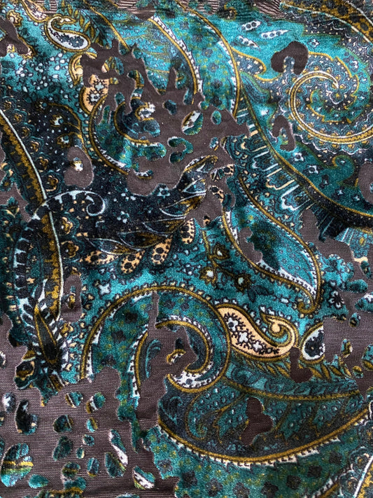 New Luxury paisley design print on burnout velvet peacock green 4-way stretch 58/60” Sold by the YD. Ships Worldwide from Los Angeles CA USA