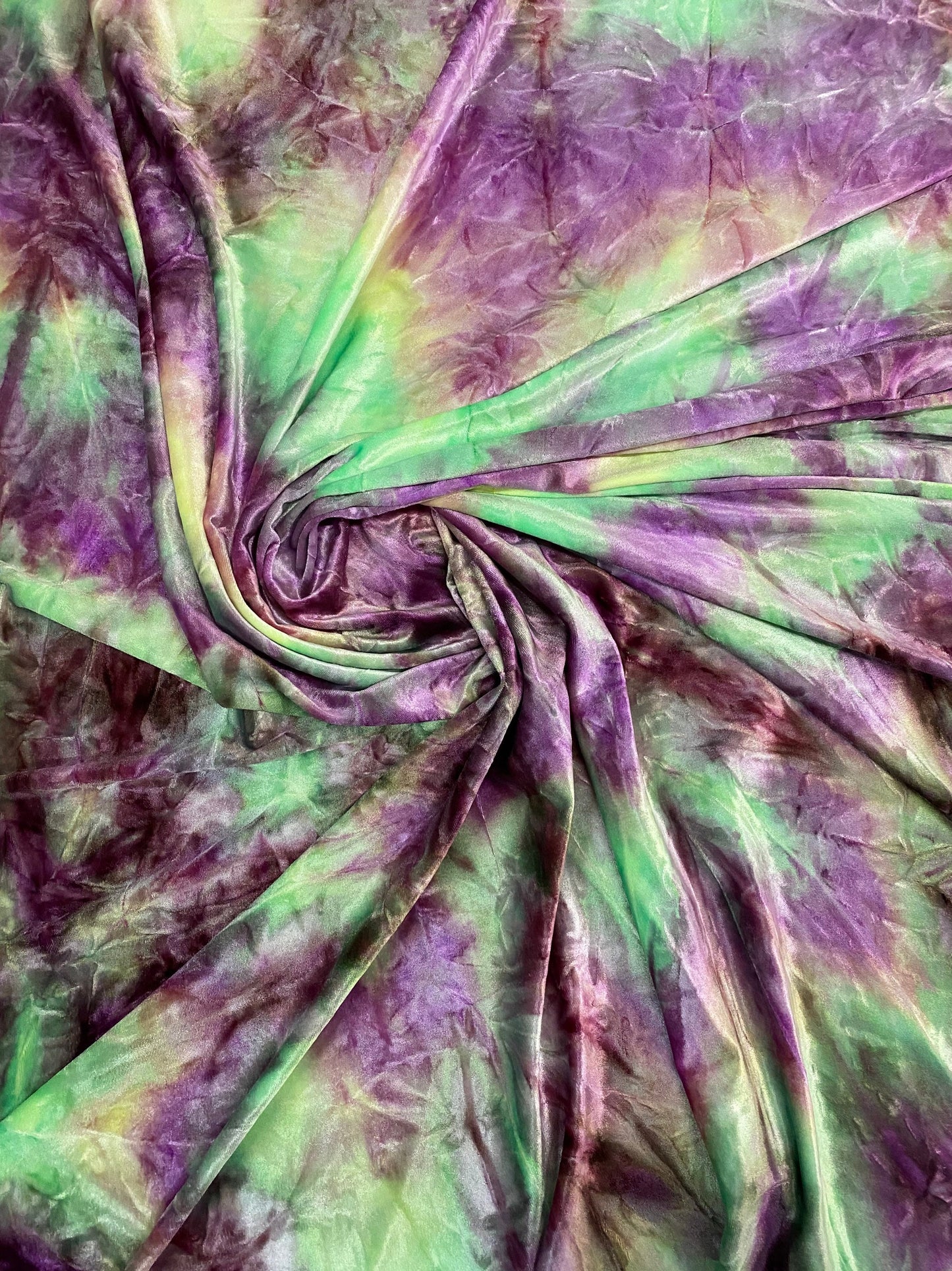 New tie dye stretch velvet magenta/purple/green 420GSM 4-way stretch 58/60” Sold by the YD. Ships Worldwide from Los Angeles California USA.