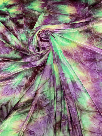 New tie dye stretch velvet magenta/purple/green 420GSM 4-way stretch 58/60” Sold by the YD. Ships Worldwide from Los Angeles California USA.