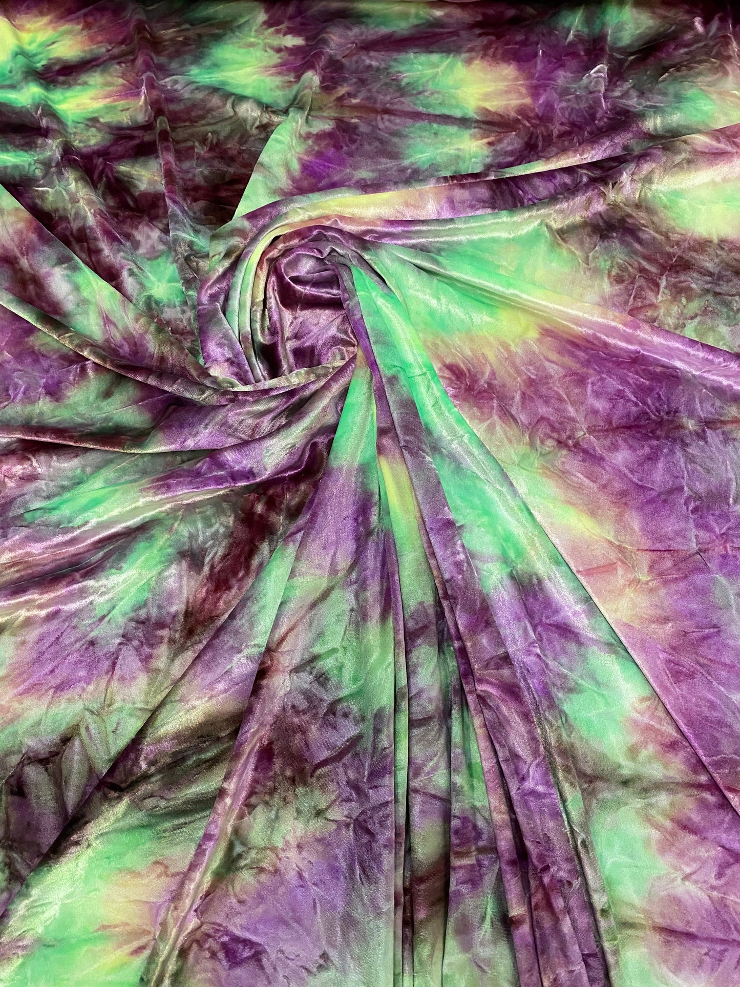 New tie dye stretch velvet magenta/purple/green 420GSM 4-way stretch 58/60” Sold by the YD. Ships Worldwide from Los Angeles California USA.