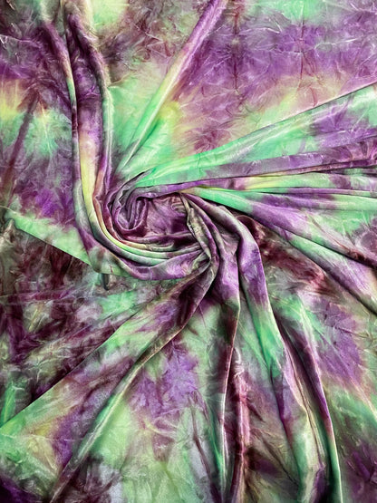 New tie dye stretch velvet magenta/purple/green 420GSM 4-way stretch 58/60” Sold by the YD. Ships Worldwide from Los Angeles California USA.