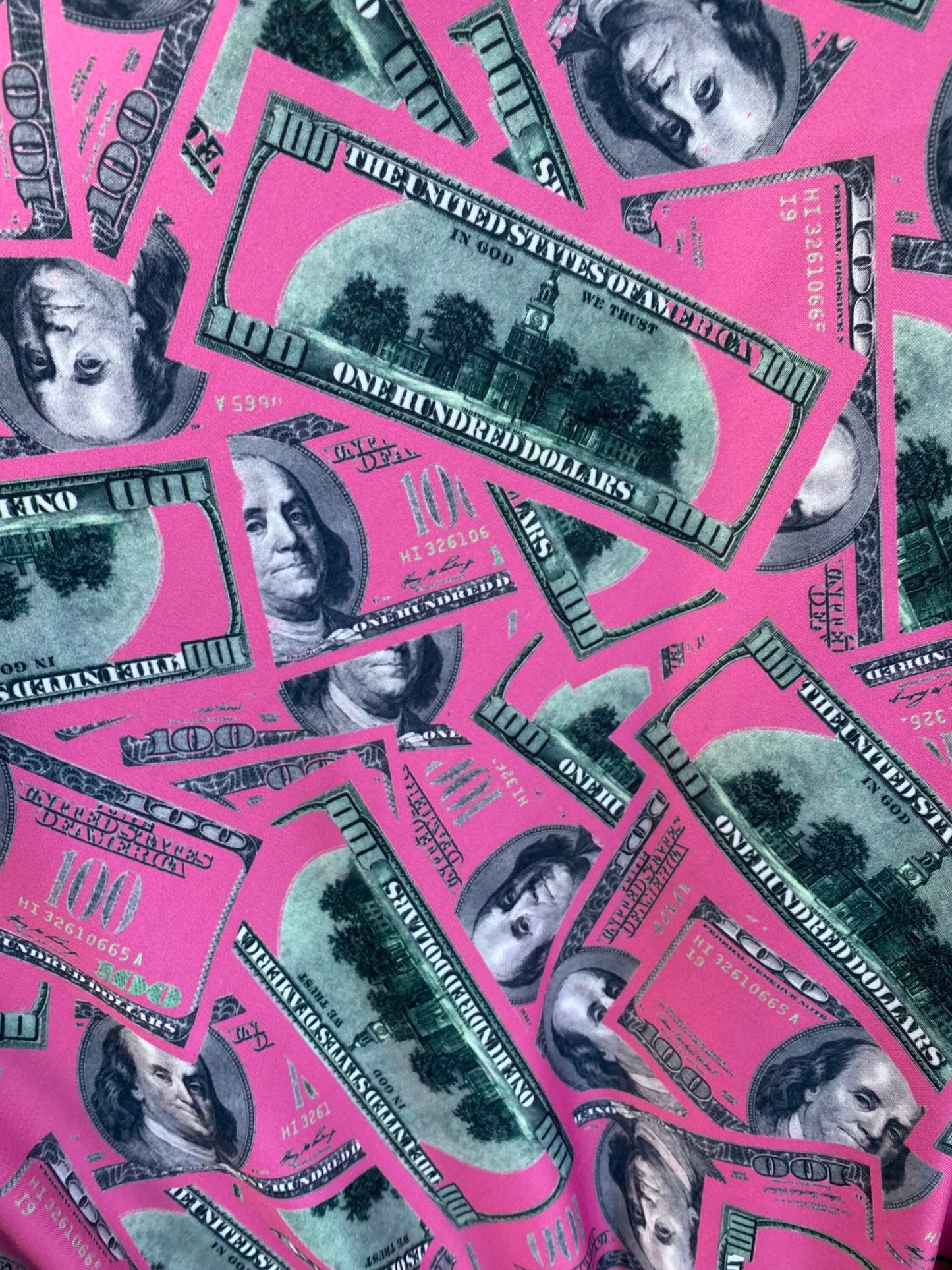 New Money design 100 dollars bill print on poly spandex 4-way stretch Hot pink/Green 58/60” Sold by the YD. Ships Worldwide from Los Angeles