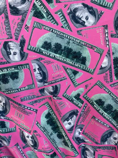 New Money design 100 dollars bill print on poly spandex 4-way stretch Hot pink/Green 58/60” Sold by the YD. Ships Worldwide from Los Angeles