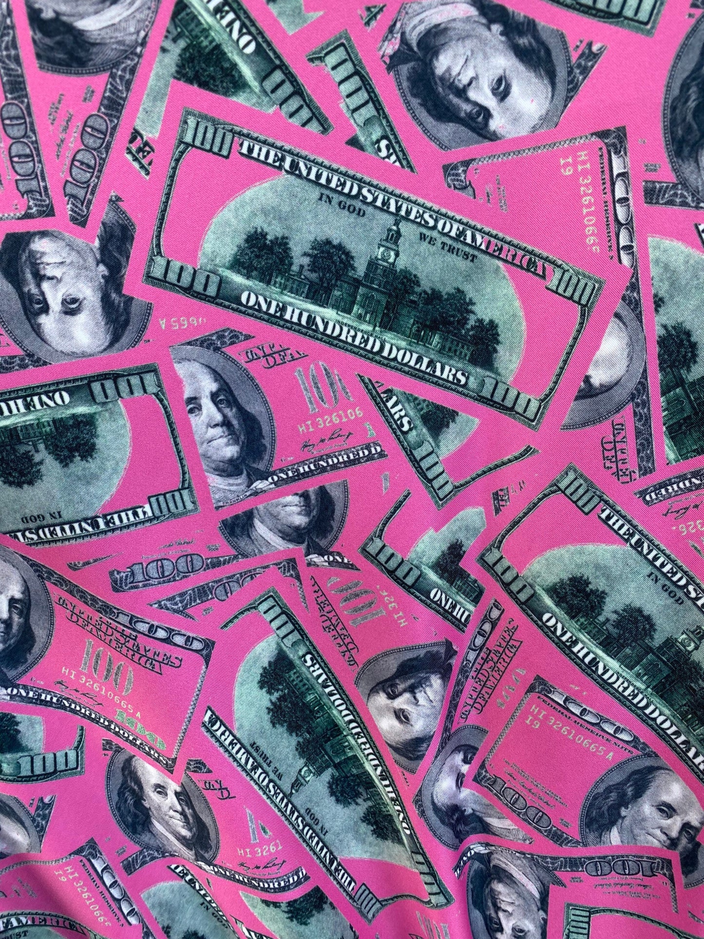 New Money design 100 dollars bill print on poly spandex 4-way stretch Hot pink/Green 58/60” Sold by the YD. Ships Worldwide from Los Angeles