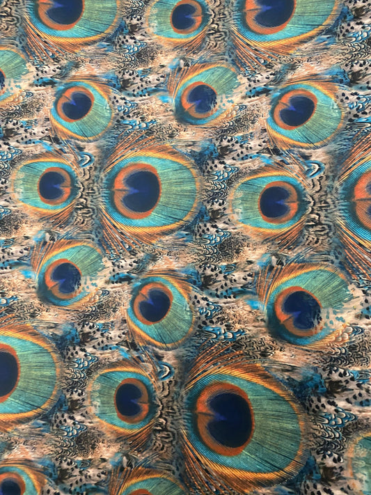 Peacock design print of great quality of nylon spandex 4-way stretch 58/60” Sold by the YD. Ships worldwide from Los Angeles California USA.