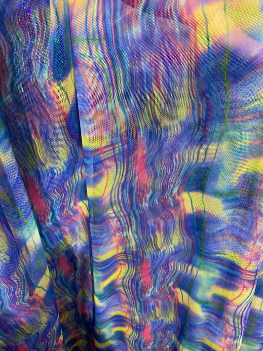 New abstract tie dye design print on power mesh 4-way stretch 58/60” Sold by the YD. Ships Worldwide from Los Angeles California USA.