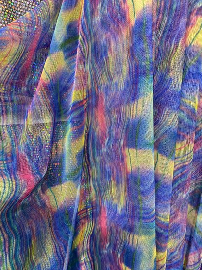 New abstract tie dye design print on power mesh 4-way stretch 58/60” Sold by the YD. Ships Worldwide from Los Angeles California USA.