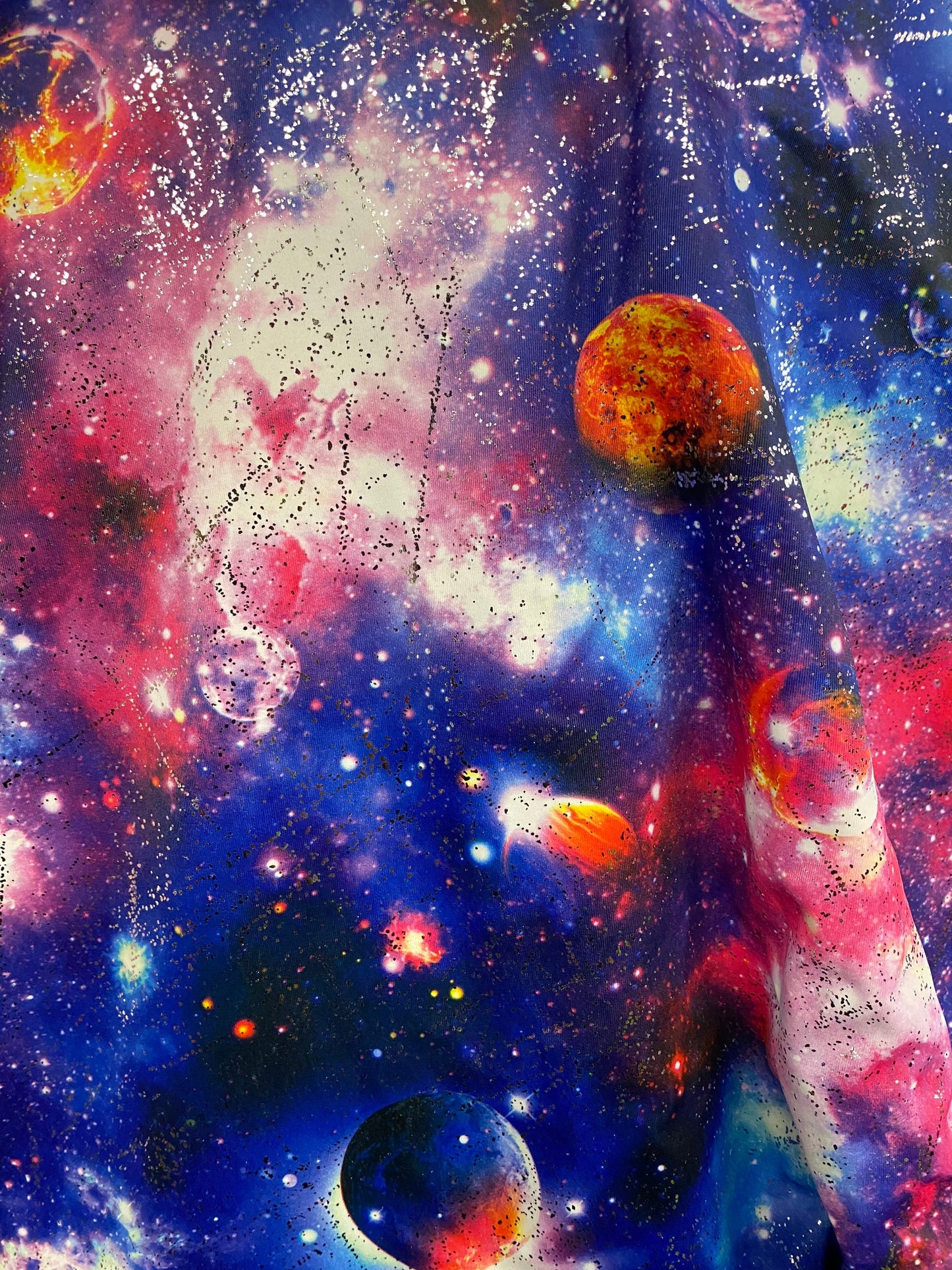 Galaxy design on nylon spandex with foil all over 58/60” 4way stretch Sold by the yd ships worldwide from Los Angeles California USA.