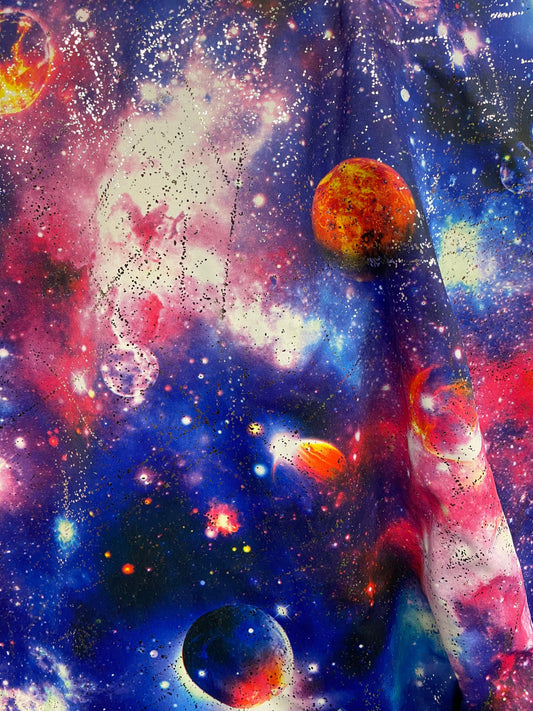 Galaxy design on nylon spandex with foil all over 58/60” 4way stretch Sold by the yd ships worldwide from Los Angeles California USA.