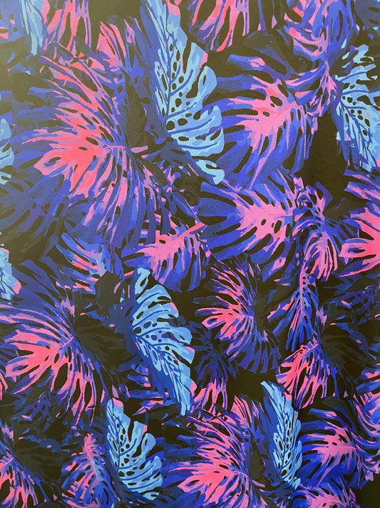 New tropical print leaves design black/multi print on great quality of nylon spandex 4-way stretch 58/60” Sold by the YD. Ships Worldwide