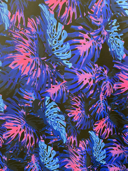 New tropical print leaves design black/multi print on great quality of nylon spandex 4-way stretch 58/60” Sold by the YD. Ships Worldwide