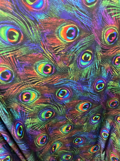 New Exotic peacock design rainbow color print on best quality of nylon spandex 4-way stretch 58/60” Sold by the YD. Ships Worldwide