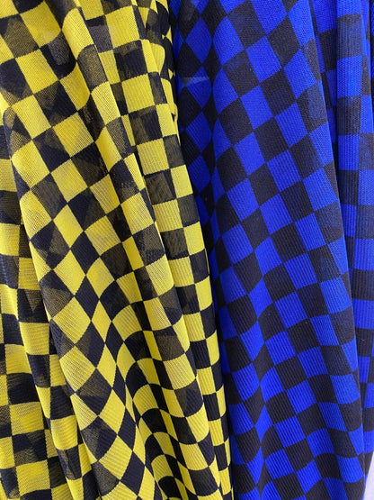 New small Checkered design print on power mesh 4-way stretch 58/60” Sold by the YD. Ships worldwide from Los Angeles California USA.