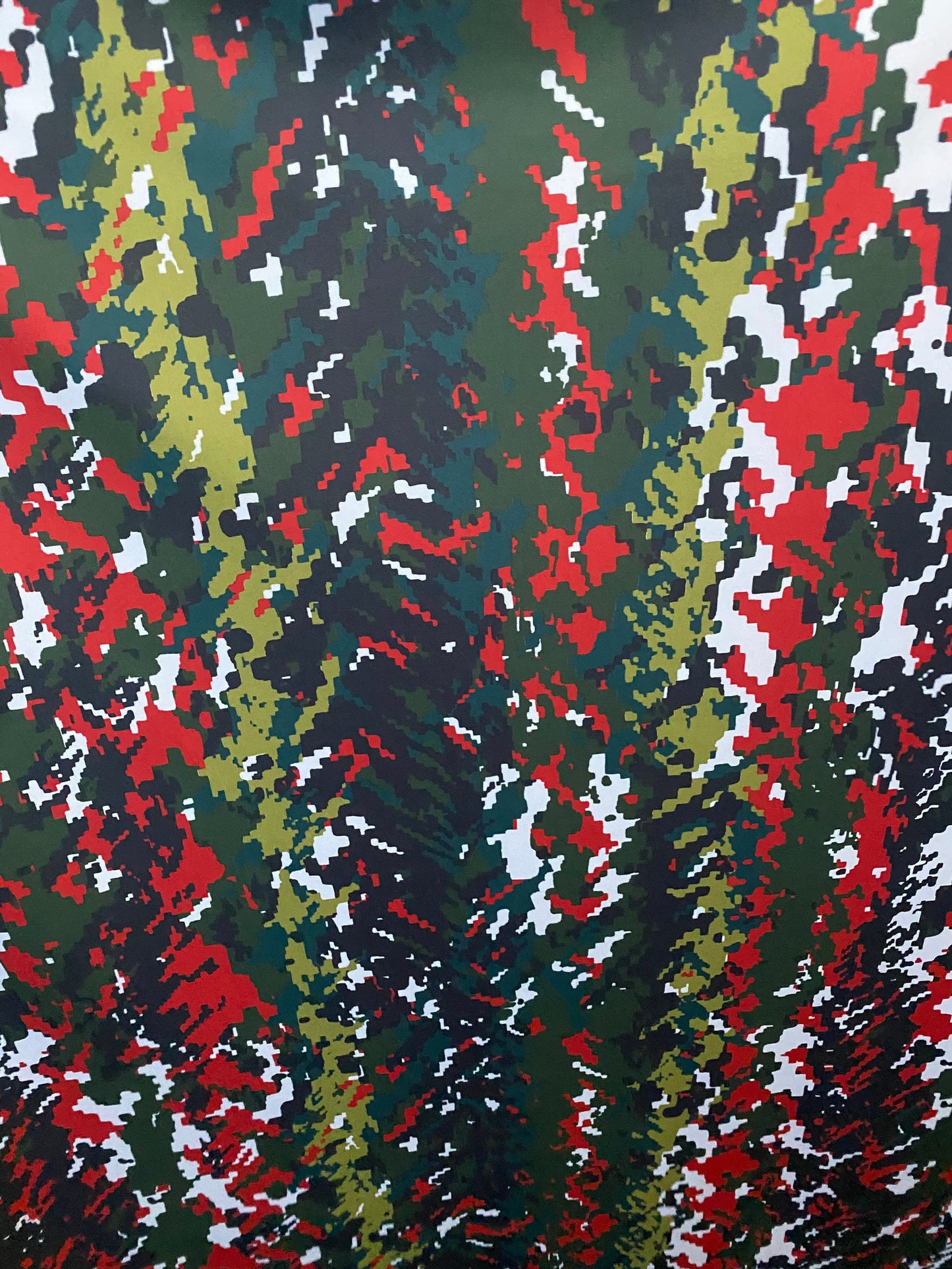 New digital camouflage design Green/Olive/red print on best quality of nylon spandex 4-way stretch 58/60” Sold by the YD. Ships Worldwide