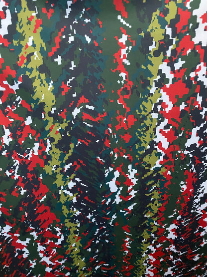 New digital camouflage design Green/Olive/red print on best quality of nylon spandex 4-way stretch 58/60” Sold by the YD. Ships Worldwide