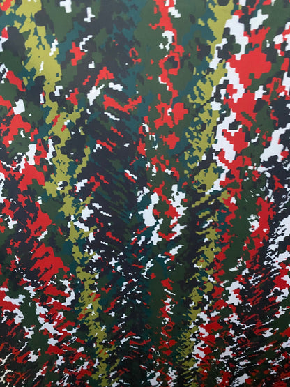 New digital camouflage design Green/Olive/red print on best quality of nylon spandex 4-way stretch 58/60” Sold by the YD. Ships Worldwide