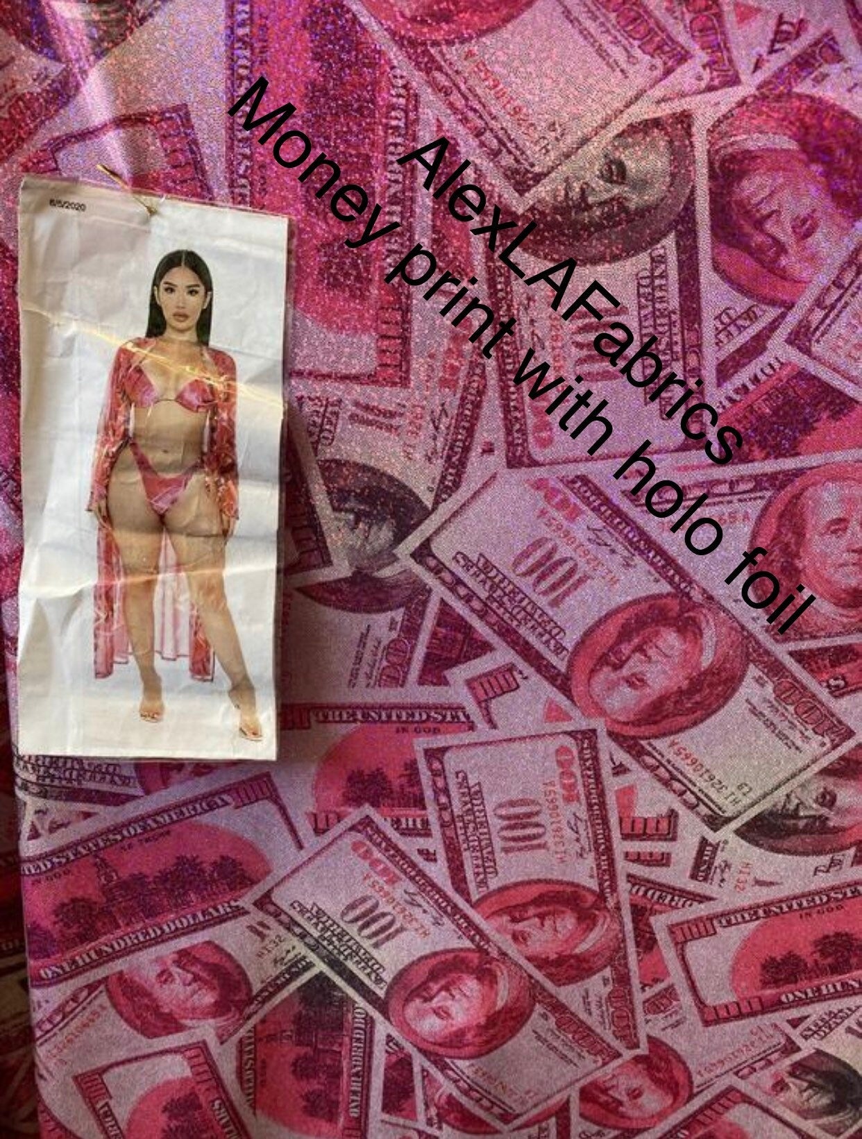 New Money design 100 dollar bill hologram pink/green with foil and without foil print on 4-way  nylon spandex  58/60” Sold by the YD.