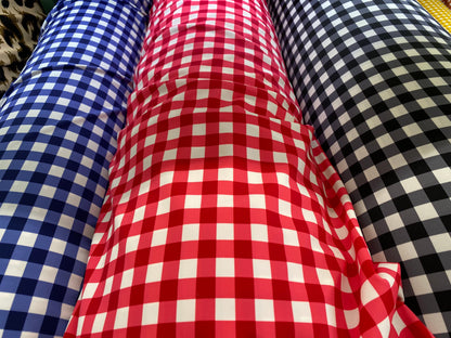 Gingham design 1/2” printed on best quality of nylon spandex 4-way stretch 58/60” Sold by the YD. Ships Worldwide from Los Angeles cali USA.