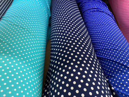 New polka dots design small size printed on great quality of nylon spandex 4-way stretch 58/60” Sold by the YD. Ships Worldwide from L.A CA