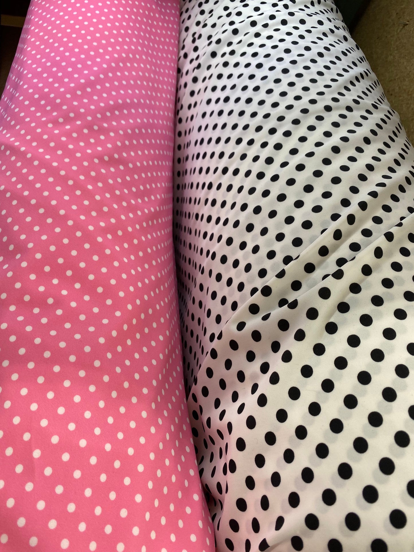 New polka dots design small size printed on great quality of nylon spandex 4-way stretch 58/60” Sold by the YD. Ships Worldwide from L.A CA