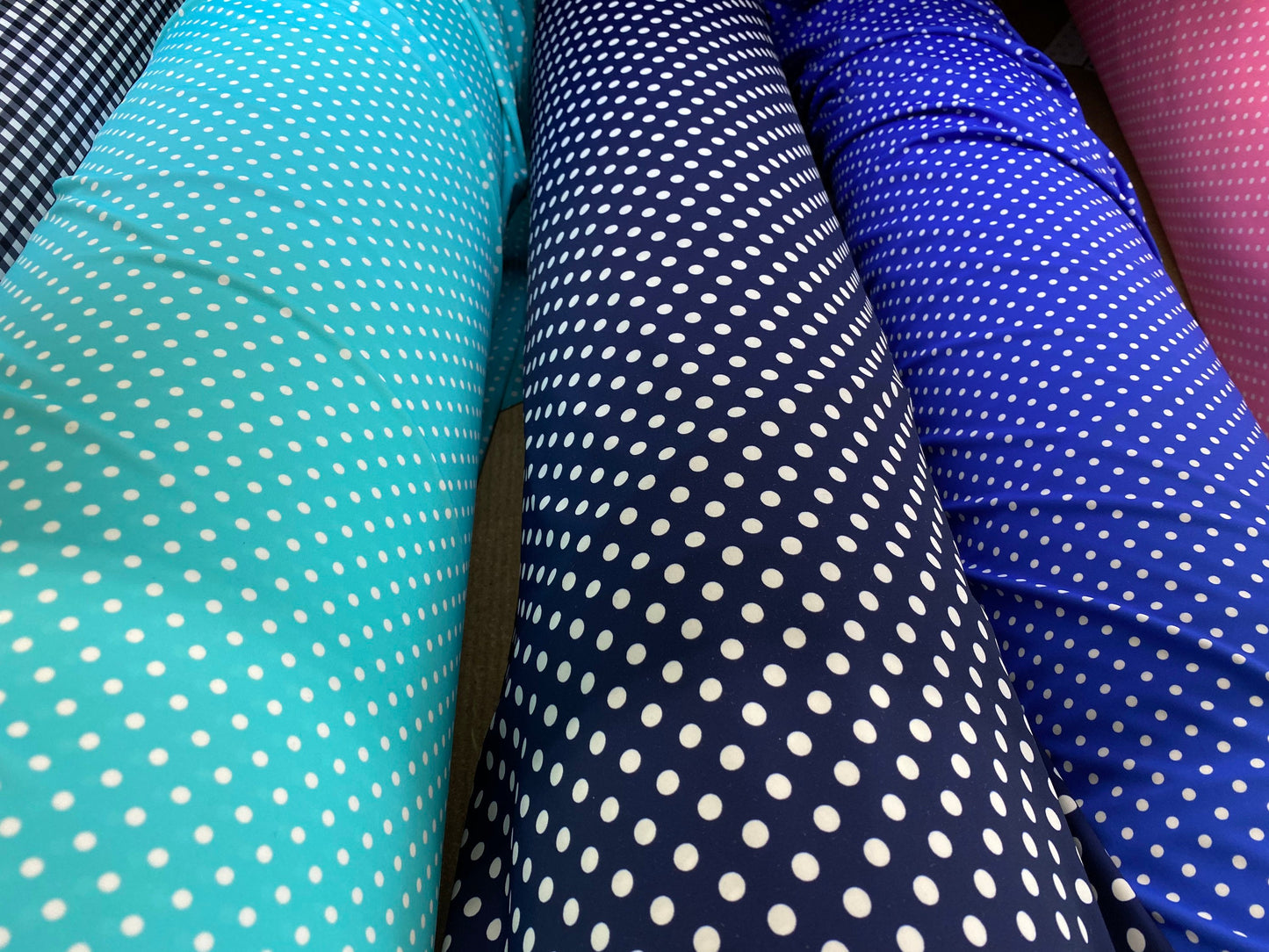 New polka dots design small size printed on great quality of nylon spandex 4-way stretch 58/60” Sold by the YD. Ships Worldwide from L.A CA