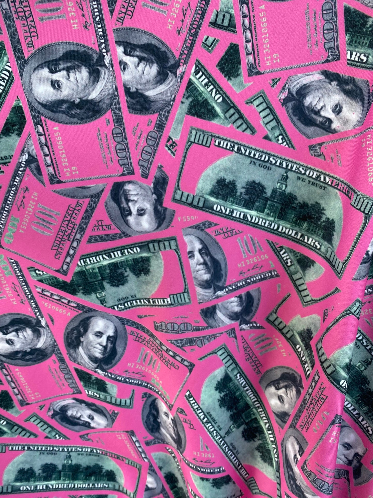 New Money design 100 dollars bill print on poly spandex 4-way stretch Hot pink/Green 58/60” Sold by the YD. Ships Worldwide from Los Angeles