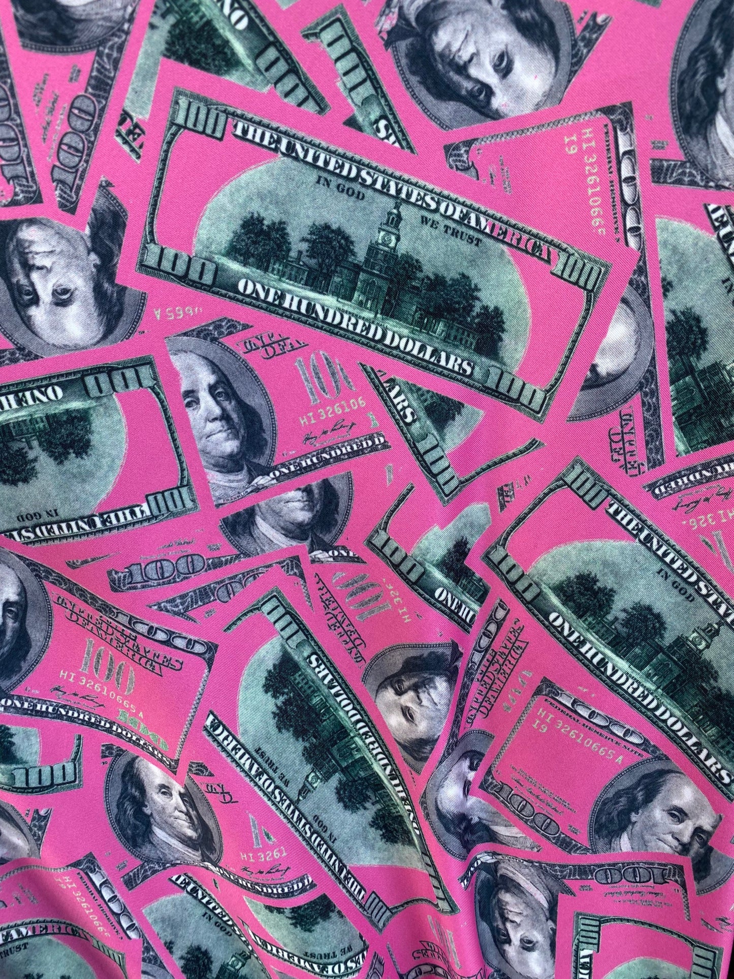 New Money design 100 dollars bill print on poly spandex 4-way stretch Hot pink/Green 58/60” Sold by the YD. Ships Worldwide from Los Angeles