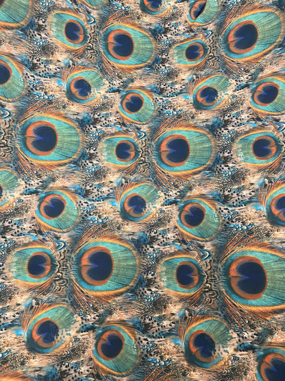 Peacock design print of great quality of nylon spandex 4-way stretch 58/60” Sold by the YD. Ships worldwide from Los Angeles California USA.