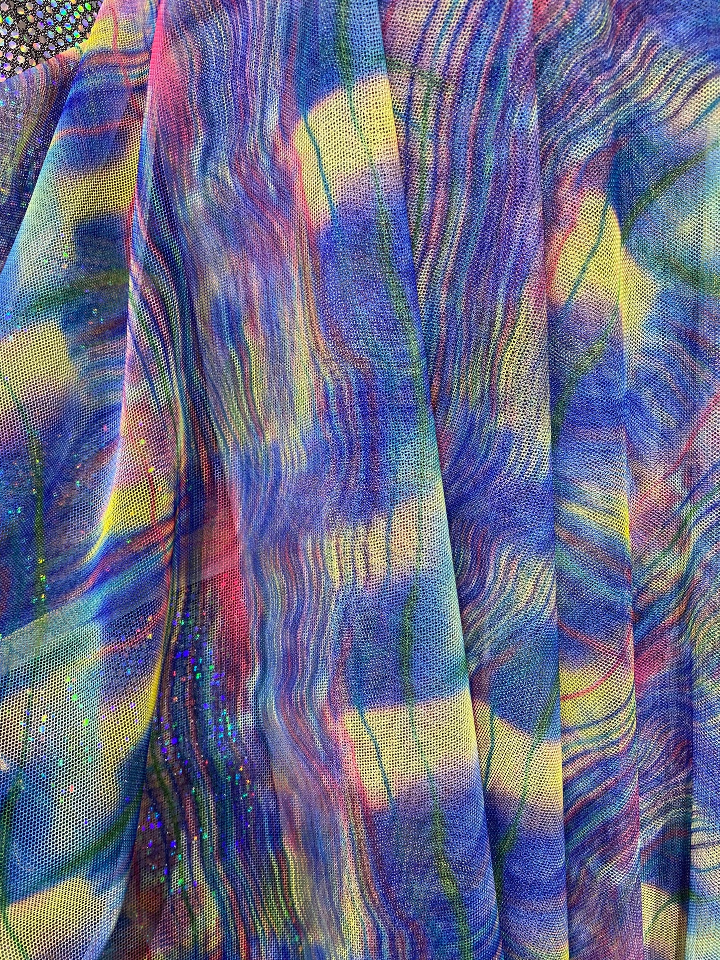 New abstract tie dye design print on power mesh 4-way stretch 58/60” Sold by the YD. Ships Worldwide from Los Angeles California USA.