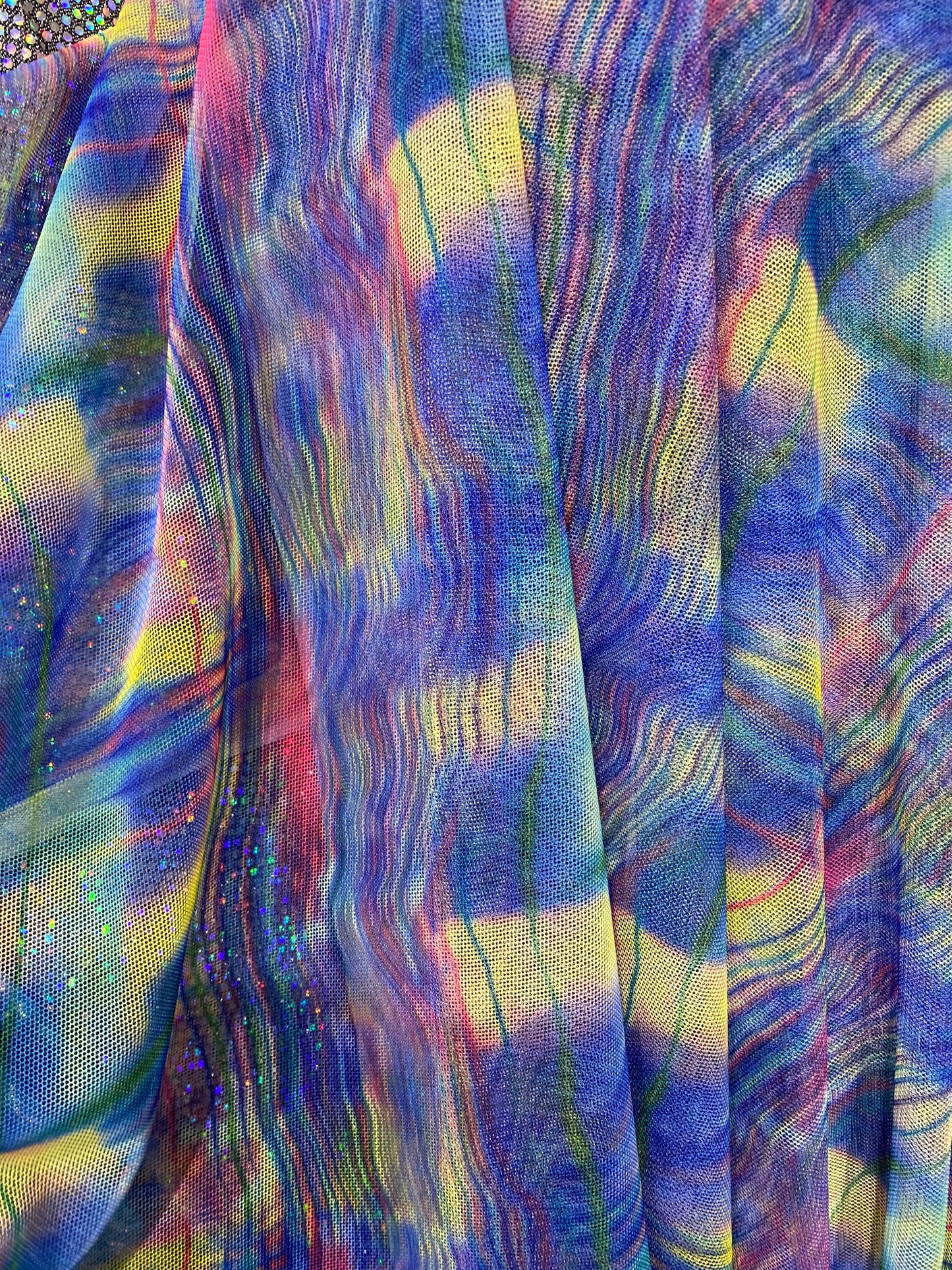 New abstract tie dye design print on power mesh 4-way stretch 58/60” Sold by the YD. Ships Worldwide from Los Angeles California USA.