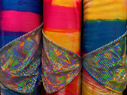 New Tie Dye Honeycomb Iridescence sequins on metallic nylon spandex 2-way stretch 58/60” Sold by the YD. Ships Worldwide from Los Angeles CA