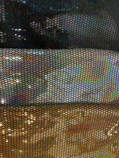 Hexagon Hologram iridescent sequins trans on Nylon metallic 2-way stretch 58/60” Sold by the YD. Ships worldwide from Los Angeles Californ