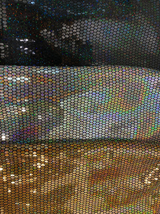 Hexagon Hologram iridescent sequins trans on Nylon metallic 2-way stretch 58/60” Sold by the YD. Ships worldwide from Los Angeles Californ