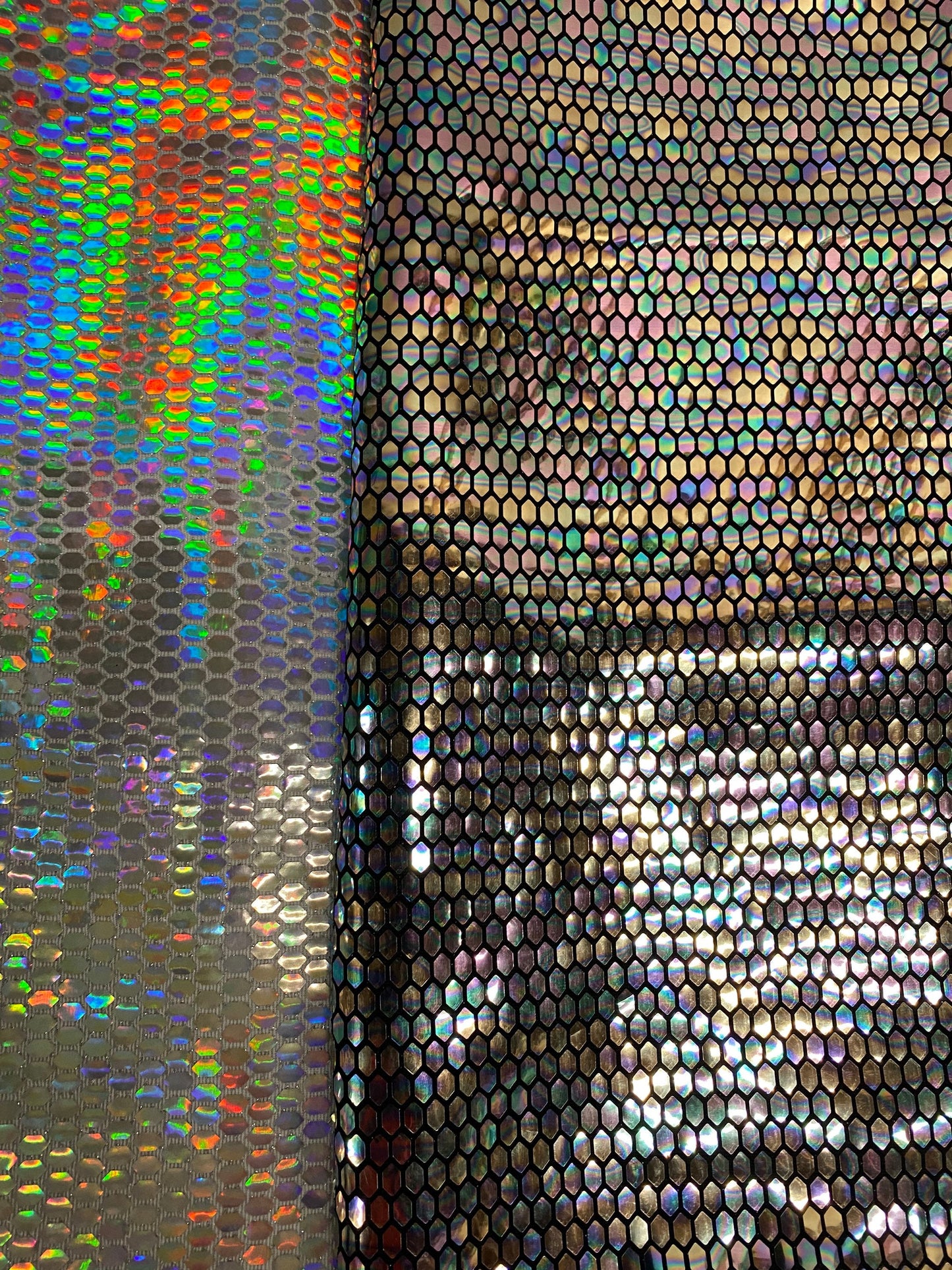 Hexagon Hologram iridescent sequins trans on Nylon metallic 2-way stretch 58/60” Sold by the YD. Ships worldwide from Los Angeles Californ