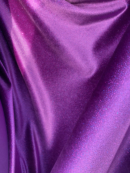 New Selena design eggplant purple stretch velvet with glitter all over medium weight 4-way stretch 58/60” Sold by the YD. Ships Worldwide