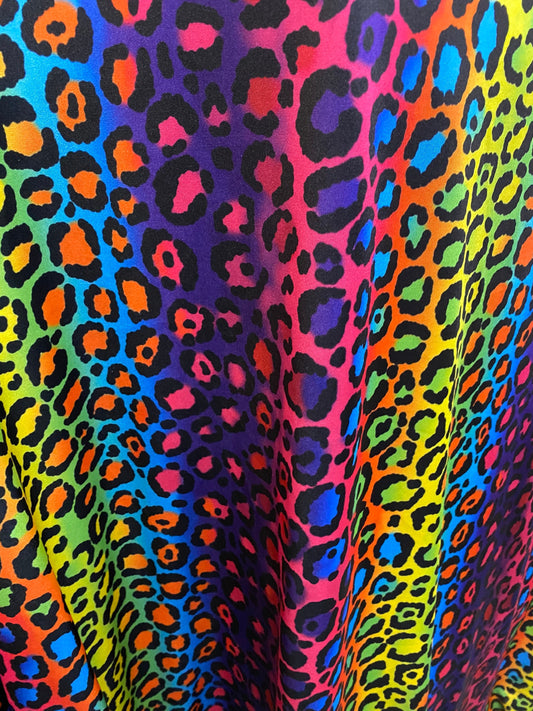 New Exotic rainbow leopard design print on great quality of nylon spandex;-way stretch 58/60” Sold by the YD. Ships Worldwide from L.A CA