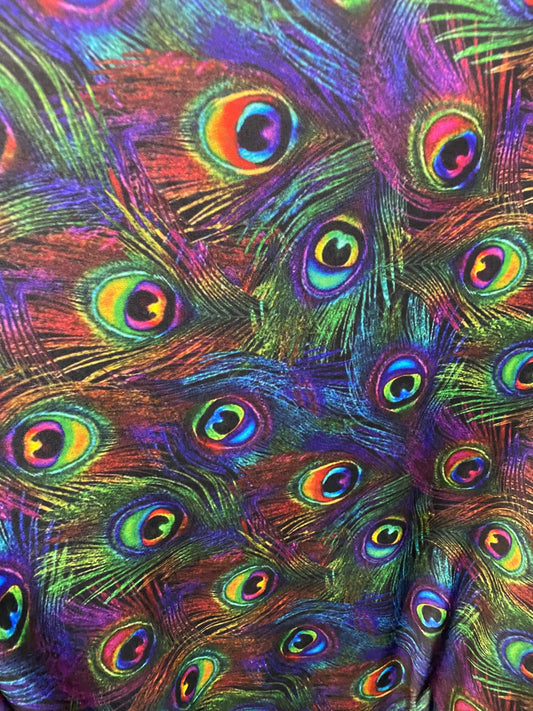 New Exotic peacock design rainbow color print on best quality of nylon spandex 4-way stretch 58/60” Sold by the YD. Ships Worldwide