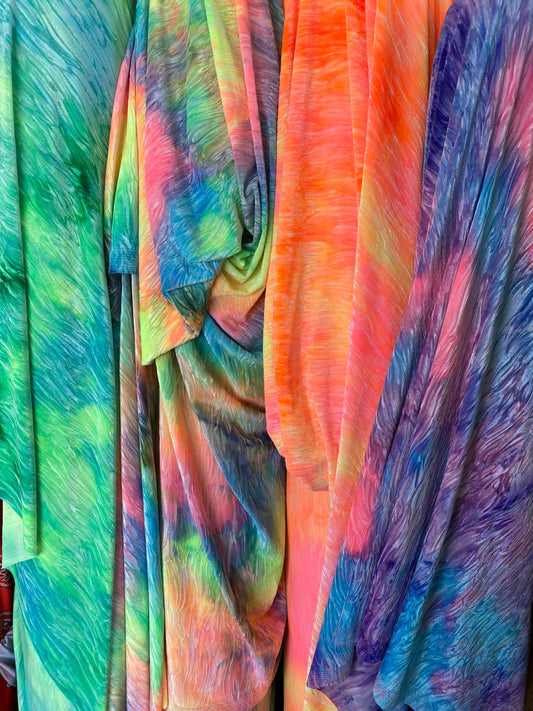 New wavy crushed velvet mega tie dye multicolor 4-way stretch 58/60” Sold by the YD. Ships Worldwide from Los Angeles California USA.