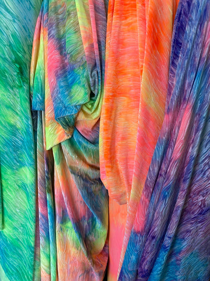 New wavy crushed velvet mega tie dye multicolor 4-way stretch 58/60” Sold by the YD. Ships Worldwide from Los Angeles California USA.