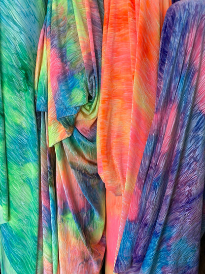 New wavy crushed velvet mega tie dye multicolor 4-way stretch 58/60” Sold by the YD. Ships Worldwide from Los Angeles California USA.