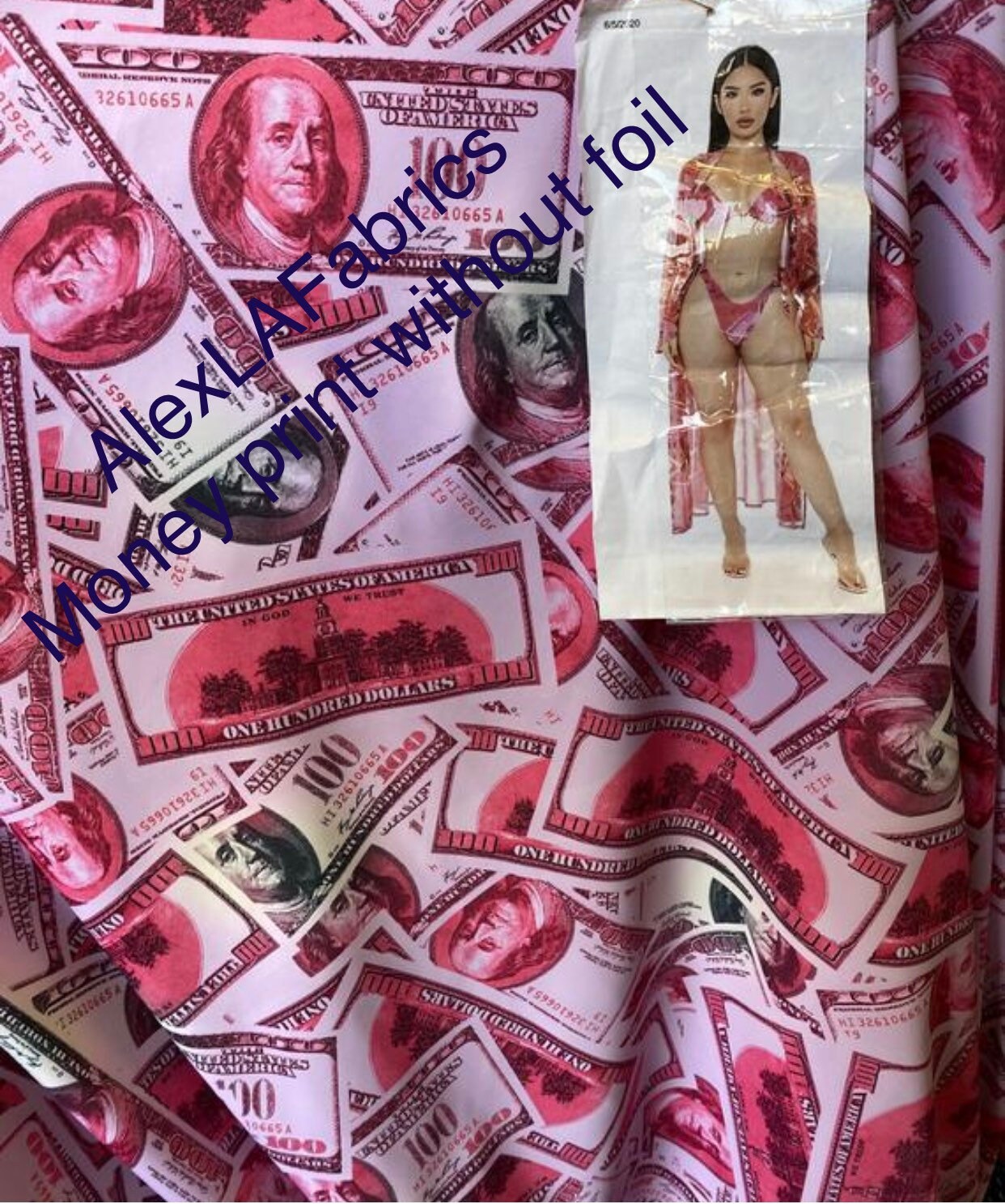 New Money design 100 dollar bill hologram pink/green with foil and without foil print on 4-way  nylon spandex  58/60” Sold by the YD.