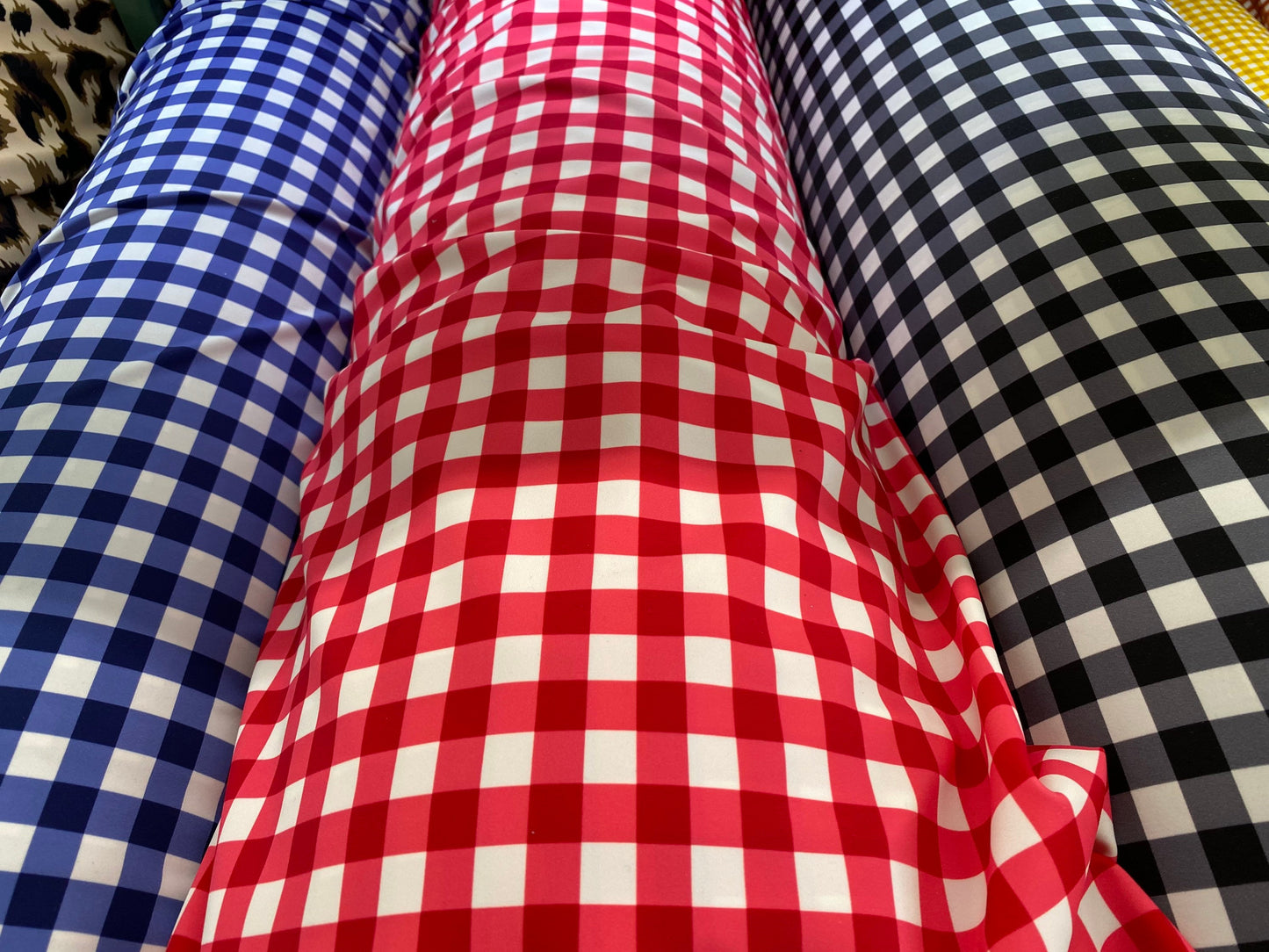 Gingham design 1/2” printed on best quality of nylon spandex 4-way stretch 58/60” Sold by the YD. Ships Worldwide from Los Angeles cali USA.