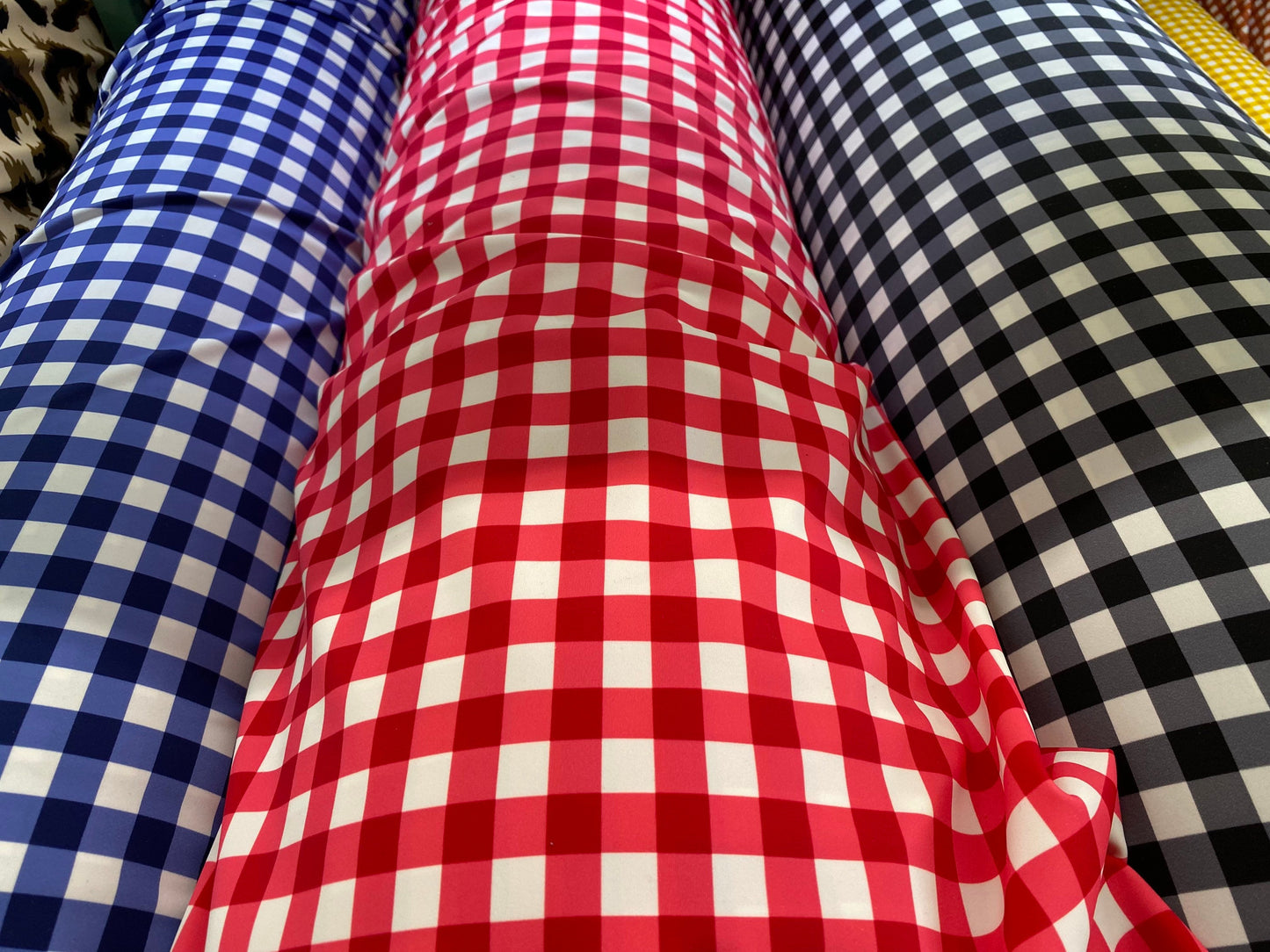 Gingham design 1/2” printed on best quality of nylon spandex 4-way stretch 58/60” Sold by the YD. Ships Worldwide from Los Angeles cali USA.