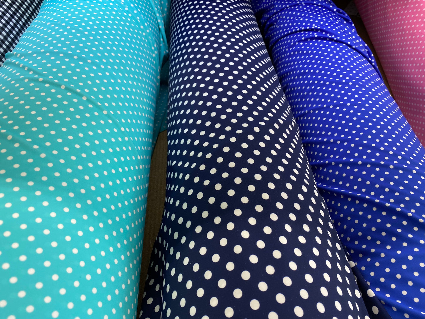 New polka dots design small size printed on great quality of nylon spandex 4-way stretch 58/60” Sold by the YD. Ships Worldwide from L.A CA