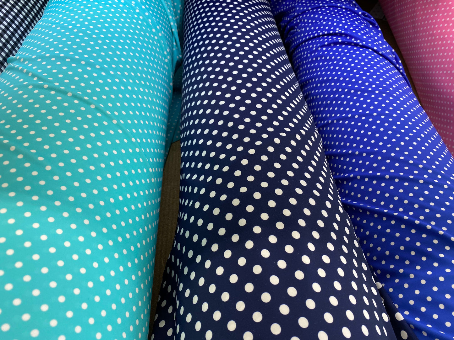 New polka dots design small size printed on great quality of nylon spandex 4-way stretch 58/60” Sold by the YD. Ships Worldwide from L.A CA