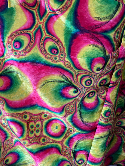 New abstract design multicolor print on velour velvet 2-way stretch 58/60” Sold by the YD. Ships Worldwide from Los Angeles California USA.