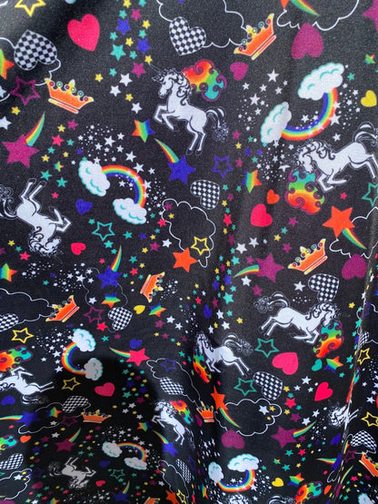 Unicorn design print on best quality of nylon spandex 4-way stretch 58/60” Sold by the YD. Ships Worldwide from Los Angeles California USA.