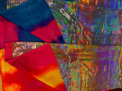 Hexagon tie dye  Hologram sequins trans on Nylon metallic 2-way stretch 58/60” Sold by the YD. Ships worldwide from Los Angeles