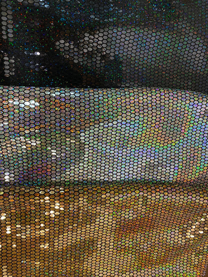 Hexagon Hologram iridescent sequins trans on Nylon metallic 2-way stretch 58/60” Sold by the YD. Ships worldwide from Los Angeles Californ