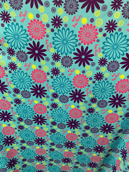 New flower design Aqua teal multi print on best quality of nylon spandex 4-way stretch 58/60” Sold by the YD. Ships worldwide